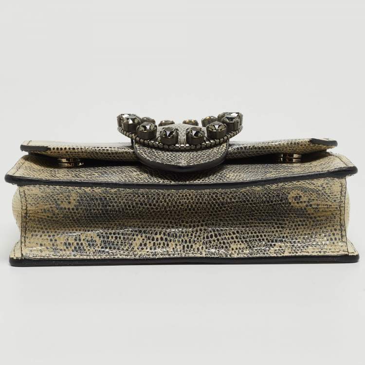 Pre Owned Miu Miu Cream/Black Lizard Embossed Leather Crystal Embellished Dahlia Crossbody Bag