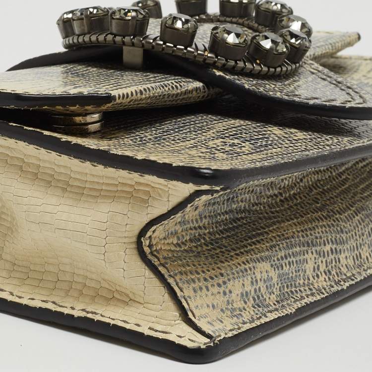 Pre Owned Miu Miu Cream/Black Lizard Embossed Leather Crystal Embellished Dahlia Crossbody Bag