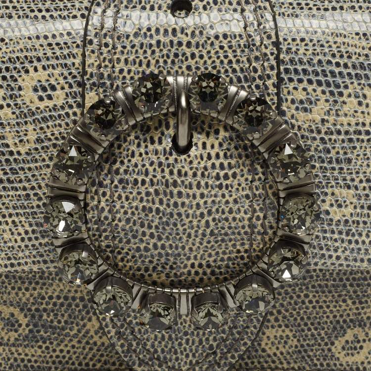 Pre Owned Miu Miu Cream/Black Lizard Embossed Leather Crystal Embellished Dahlia Crossbody Bag