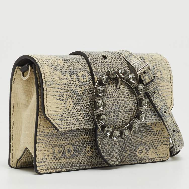 Pre Owned Miu Miu Cream/Black Lizard Embossed Leather Crystal Embellished Dahlia Crossbody Bag