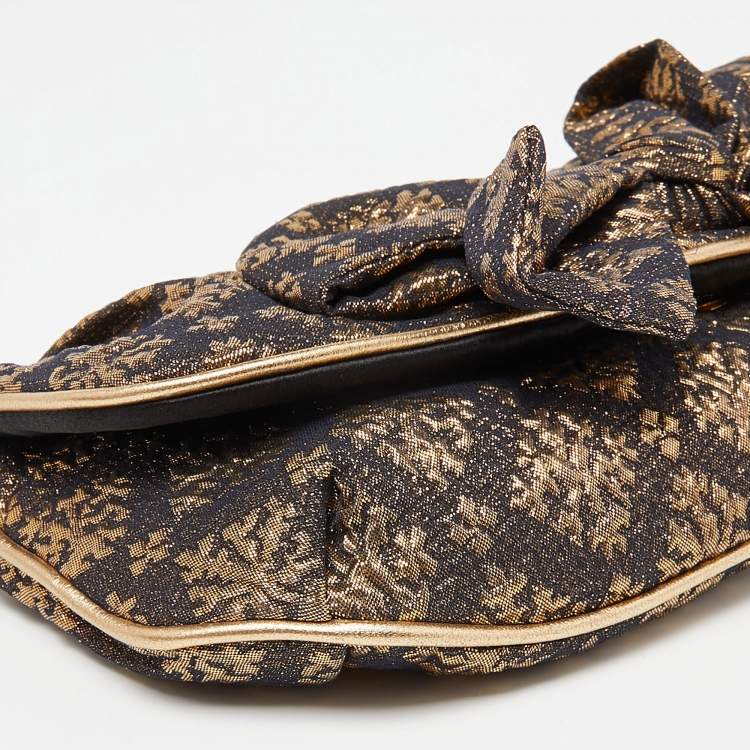 Pre Owned Miu Miu Gold/Black Lurex Fabric and Leather Bow Detail Clutch