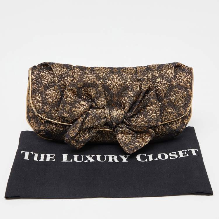 Pre Owned Miu Miu Gold/Black Lurex Fabric and Leather Bow Detail Clutch