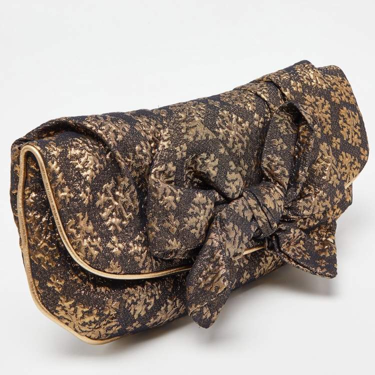 Pre Owned Miu Miu Gold/Black Lurex Fabric and Leather Bow Detail Clutch