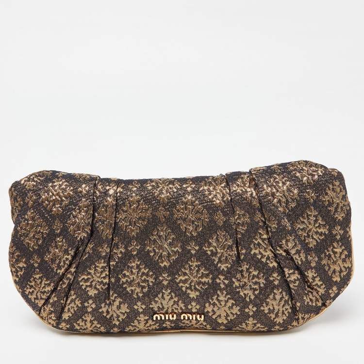 Pre Owned Miu Miu Gold/Black Lurex Fabric and Leather Bow Detail Clutch