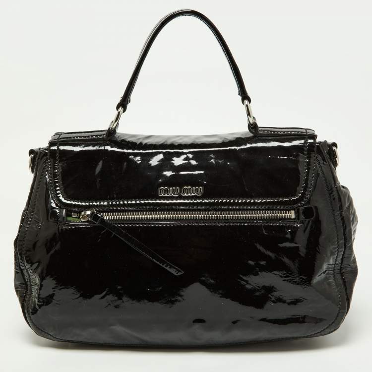 Pre Owned Miu Miu Black Patent Leather Turnlock Top Handle Bag