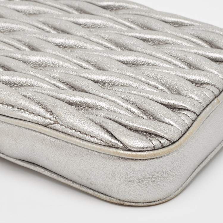 Pre Owned Miu Miu Silver Matelasse Leather Phone Holder Crossbody Bag