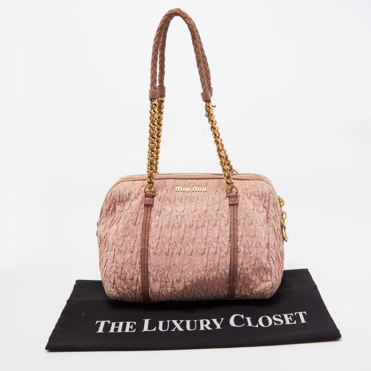 Pre Owned Miu Miu Pink Matelassé Fabric Chain Bowler Bag