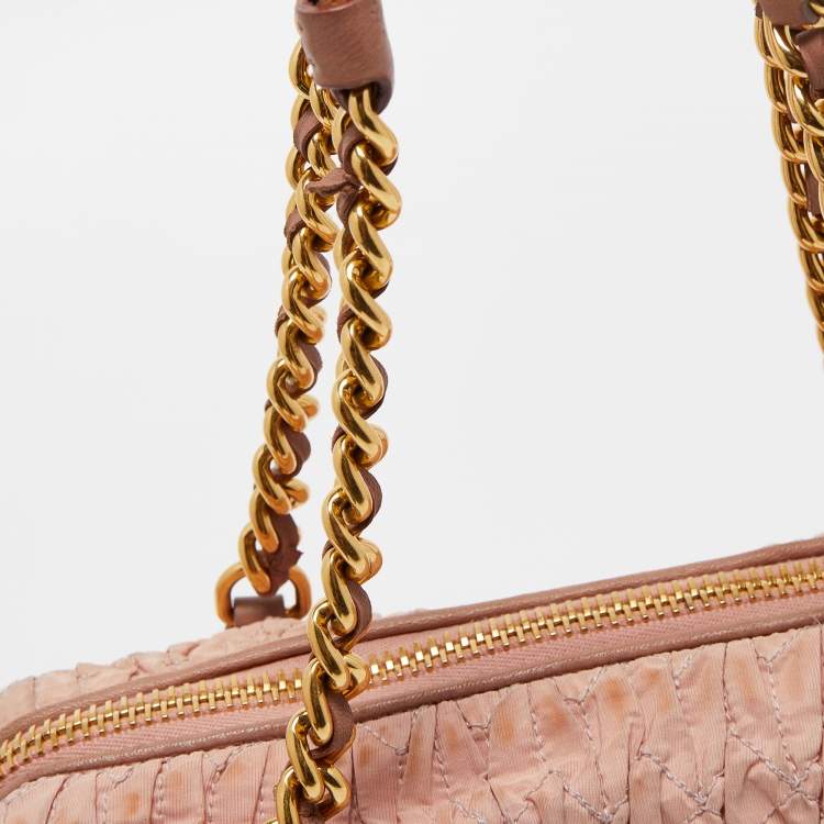 Pre Owned Miu Miu Pink Matelassé Fabric Chain Bowler Bag