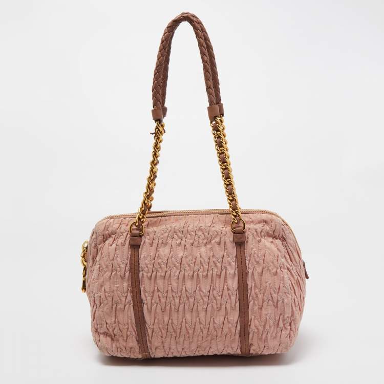 Pre Owned Miu Miu Pink Matelassé Fabric Chain Bowler Bag