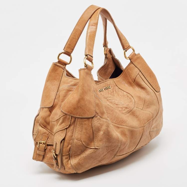 Pre Owned Miu Miu Beige Leather Patchwork Hobo