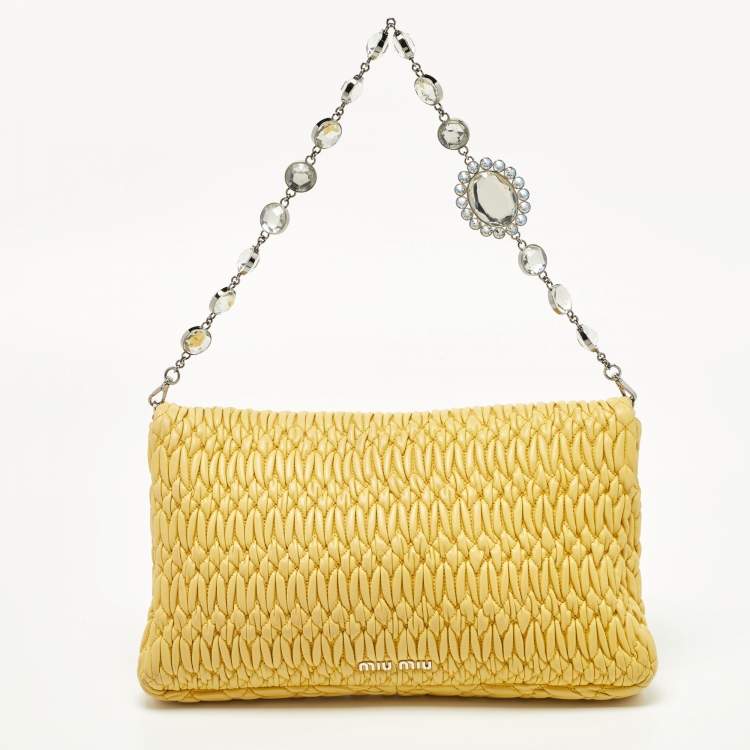 Pre Owned Miu Miu Yellow Matelasse Leather Crystal Flap Shoulder Bag