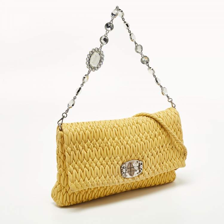 Pre Owned Miu Miu Yellow Matelasse Leather Crystal Flap Shoulder Bag