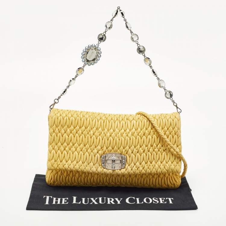 Pre Owned Miu Miu Yellow Matelasse Leather Crystal Flap Shoulder Bag