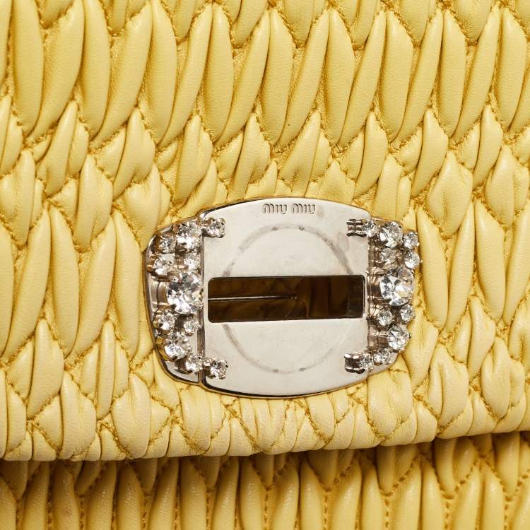 Pre Owned Miu Miu Yellow Matelasse Leather Crystal Flap Shoulder Bag