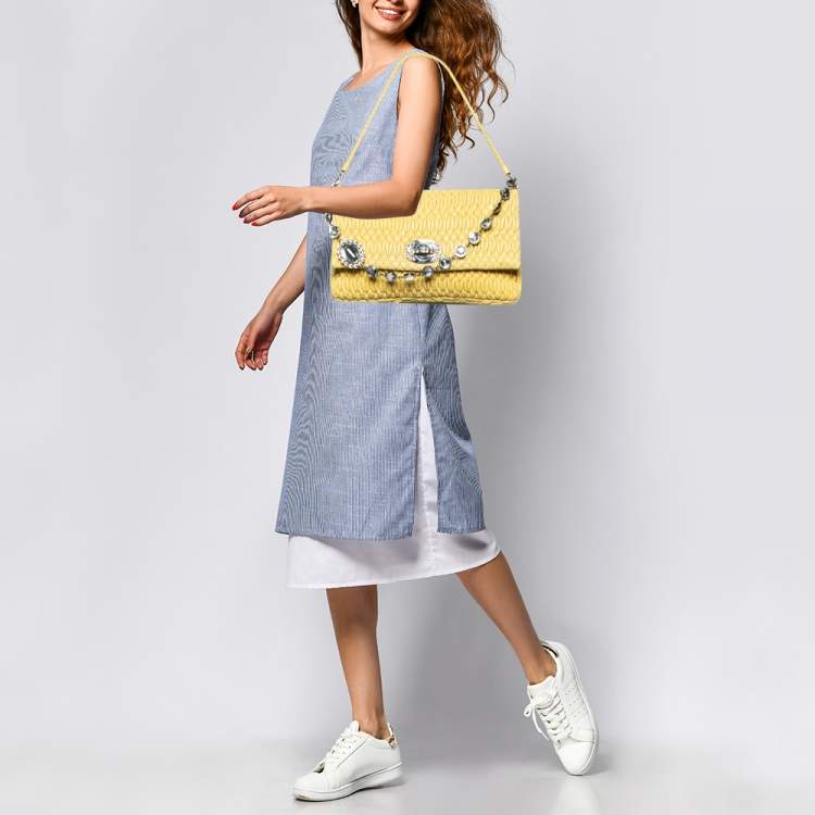 Pre Owned Miu Miu Yellow Matelasse Leather Crystal Flap Shoulder Bag