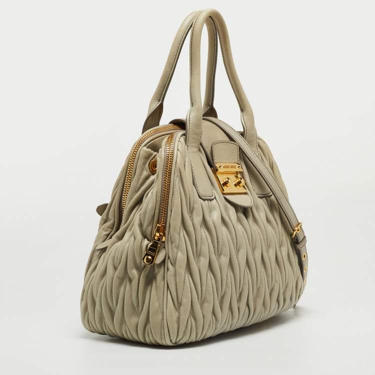 Pre Owned Miu Miu Grey Matelassé Leather Double Zip Satchel