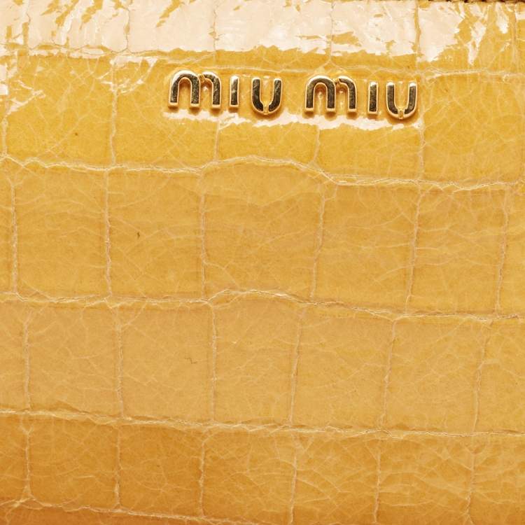 Pre Owned Miu Miu Yellow Croc Embossed Patent Leather Wristlet Pouch