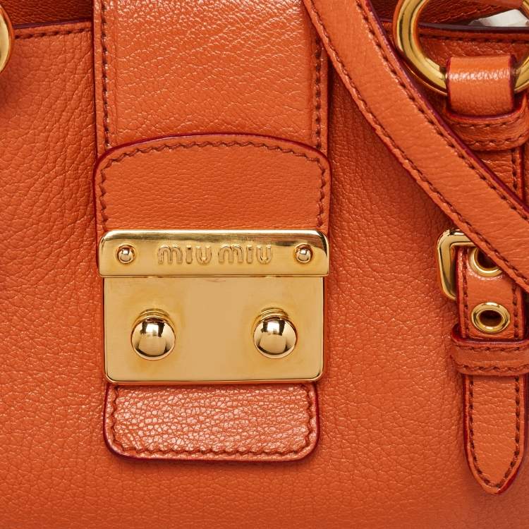 Pre Owned Miu Miu Orange Madras Leather Pushlock Tote