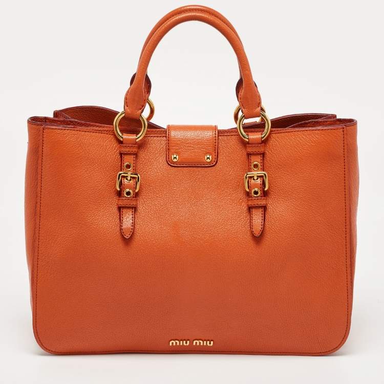 Pre Owned Miu Miu Orange Madras Leather Pushlock Tote