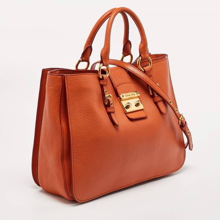 Pre Owned Miu Miu Orange Madras Leather Pushlock Tote