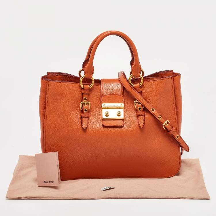 Pre Owned Miu Miu Orange Madras Leather Pushlock Tote
