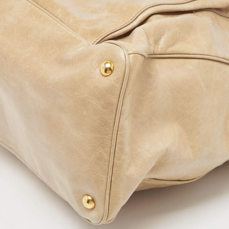 Pre Owned Miu Miu Beige Leather Front Pocket Tote