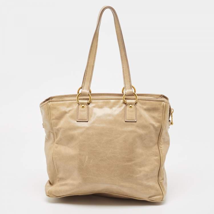 Pre Owned Miu Miu Beige Leather Front Pocket Tote