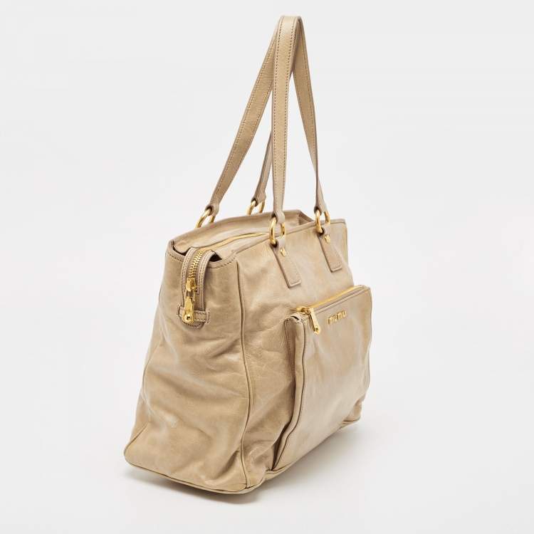 Pre Owned Miu Miu Beige Leather Front Pocket Tote