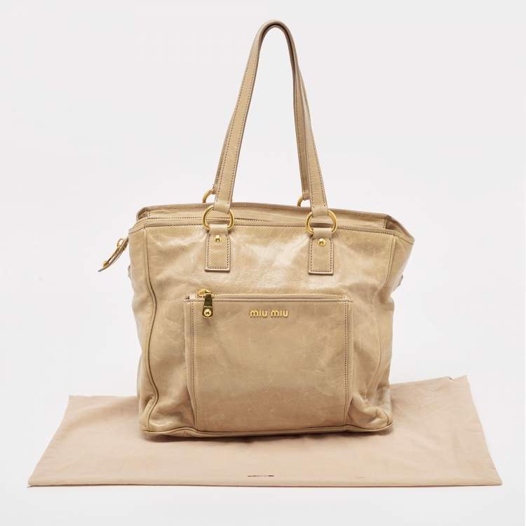 Pre Owned Miu Miu Beige Leather Front Pocket Tote