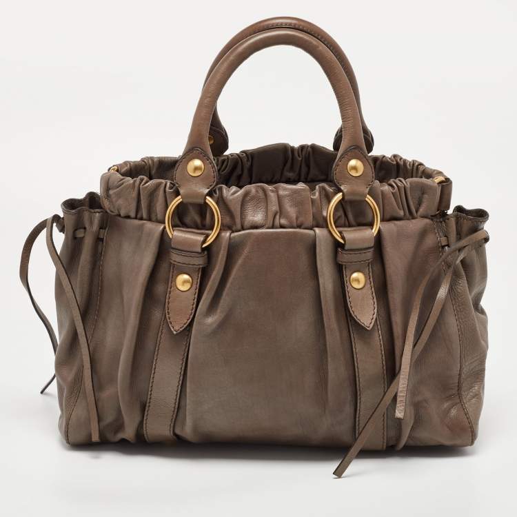 Pre Owned Miu Miu Grey Leather Gathered Tote