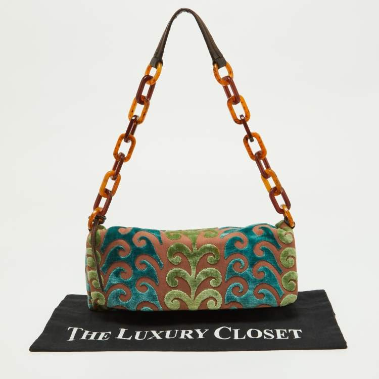 Pre Owned Miu Miu Multicolor Fabric and Velvet Trimmed Chain Link Bag