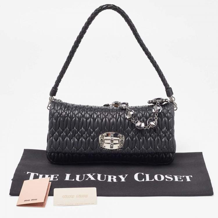 Pre Owned Miu Miu Black Matelassé Leather Crystal Shoulder Bag