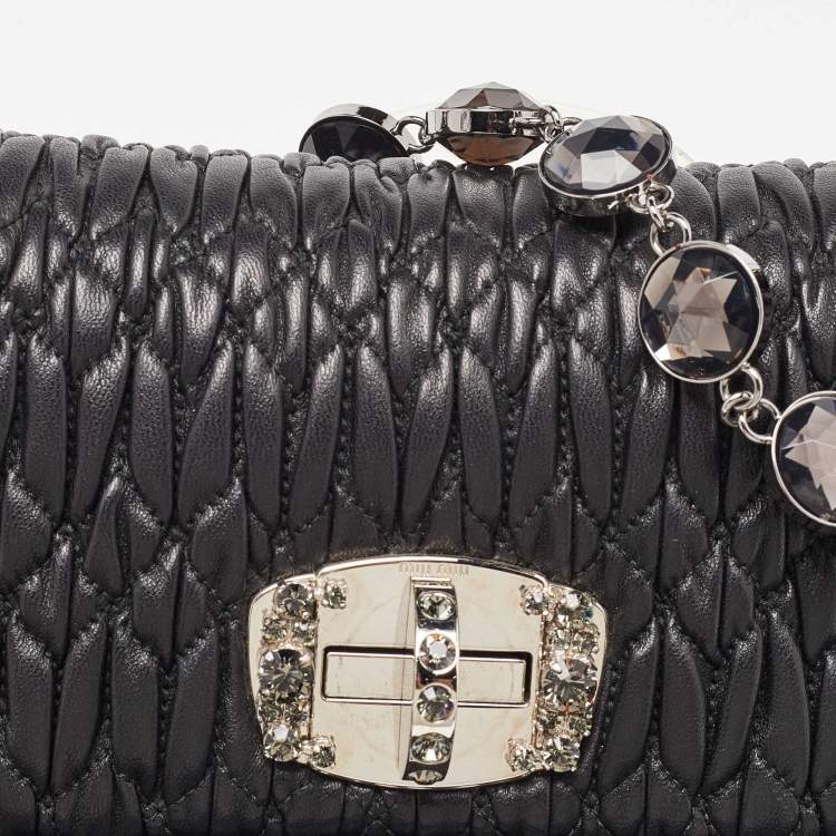 Pre Owned Miu Miu Black Matelassé Leather Crystal Shoulder Bag