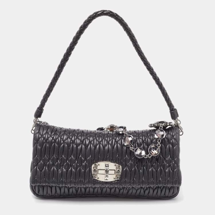 Pre Owned Miu Miu Black Matelassé Leather Crystal Shoulder Bag