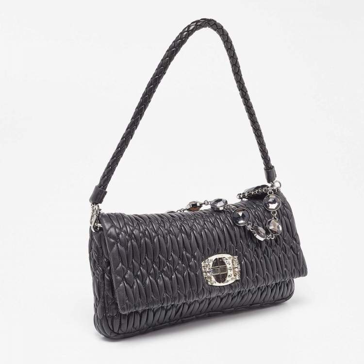 Pre Owned Miu Miu Black Matelassé Leather Crystal Shoulder Bag