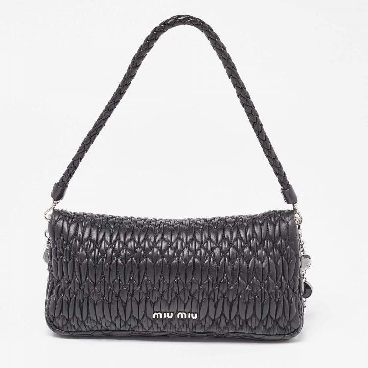 Pre Owned Miu Miu Black Matelassé Leather Crystal Shoulder Bag