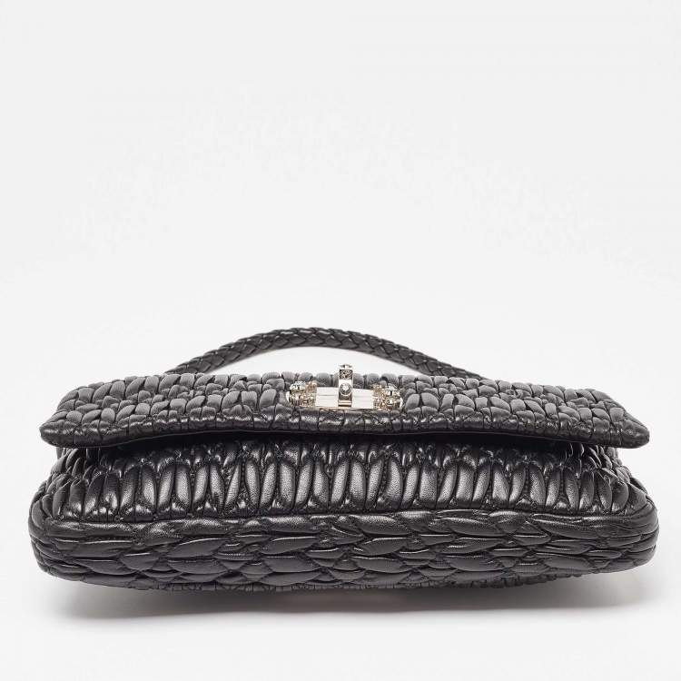 Pre Owned Miu Miu Black Matelassé Leather Crystal Shoulder Bag