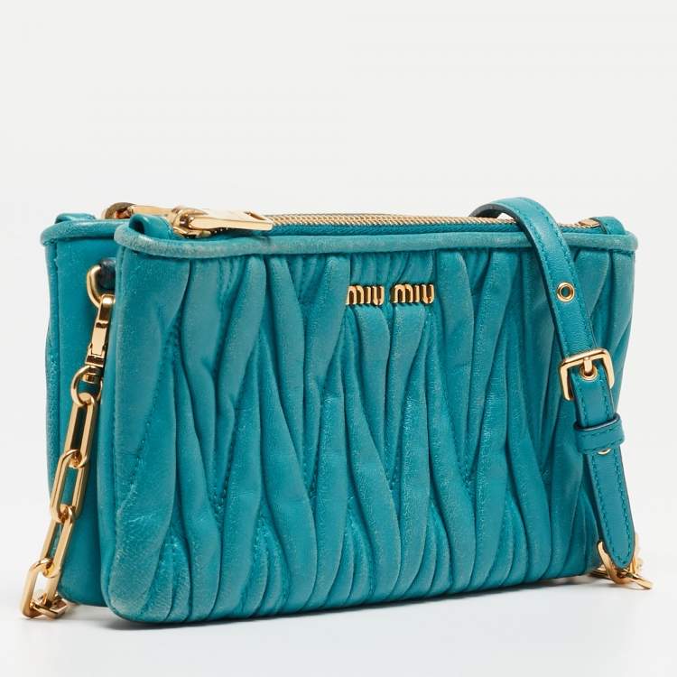 Pre Owned Miu Miu Blue Matalasse Leather Double Zip Chain Clutch