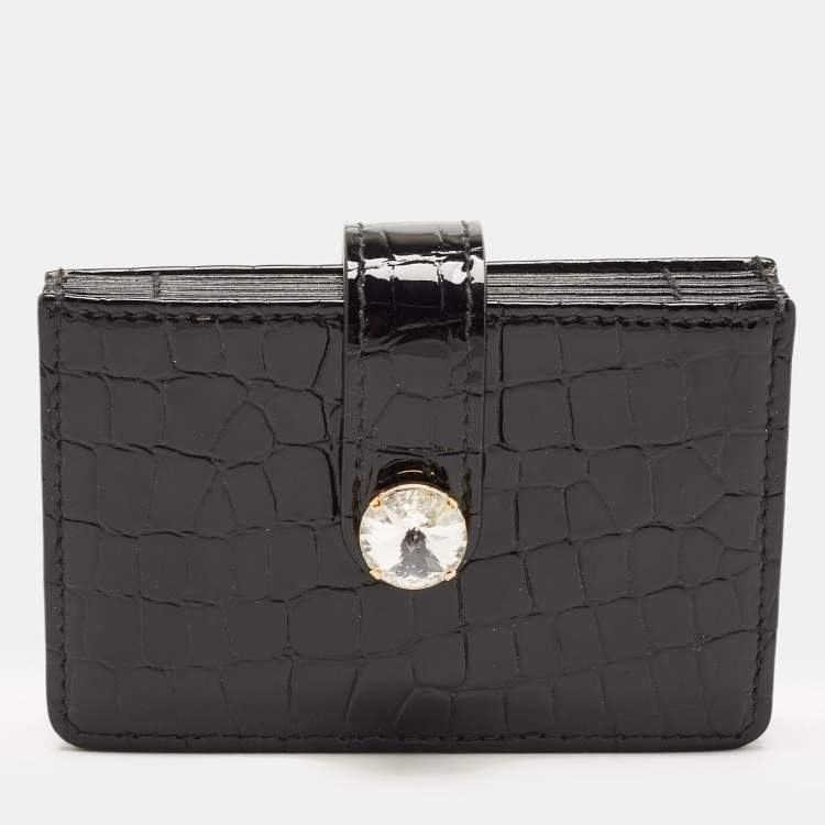 Pre Owned Miu Miu Black Croc Embossed Patent Leather Crystal Embellished Flap Card Case