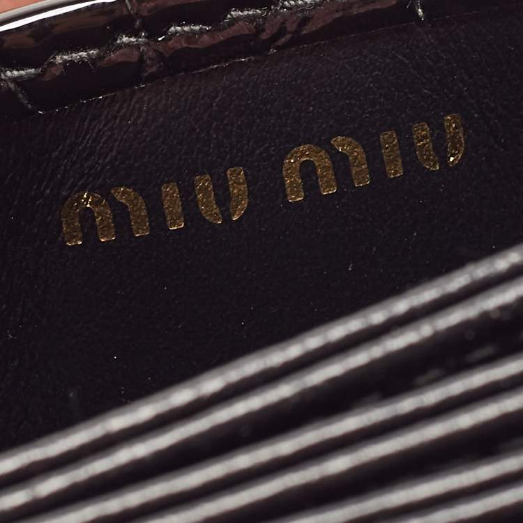 Pre Owned Miu Miu Black Croc Embossed Patent Leather Crystal Embellished Flap Card Case