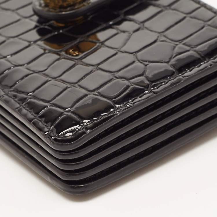 Pre Owned Miu Miu Black Croc Embossed Patent Leather Crystal Embellished Flap Card Case