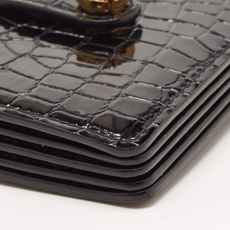 Pre Owned Miu Miu Black Croc Embossed Patent Leather Crystal Embellished Flap Card Case