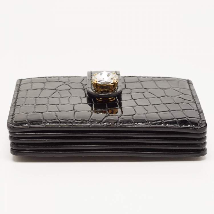 Pre Owned Miu Miu Black Croc Embossed Patent Leather Crystal Embellished Flap Card Case