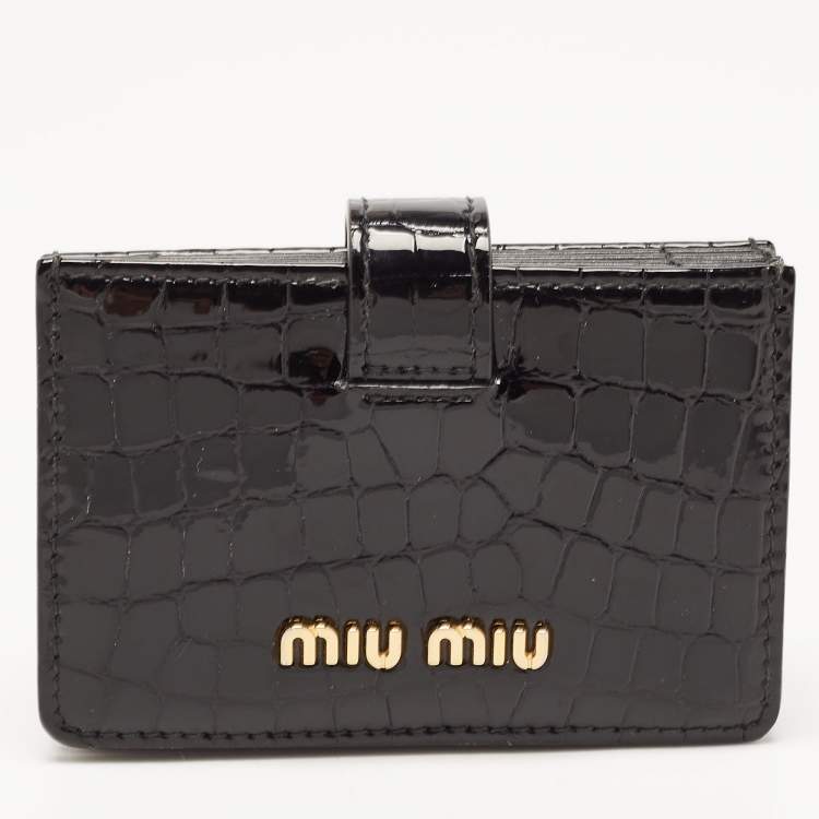 Pre Owned Miu Miu Black Croc Embossed Patent Leather Crystal Embellished Flap Card Case