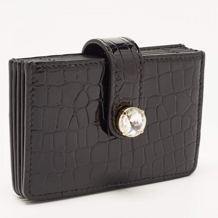 Pre Owned Miu Miu Black Croc Embossed Patent Leather Crystal Embellished Flap Card Case