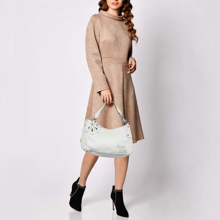 Pre Owned Miu Miu White Leather Floral Cut Hobo