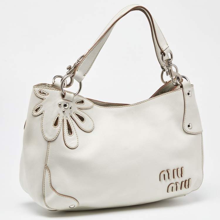 Pre Owned Miu Miu White Leather Floral Cut Hobo