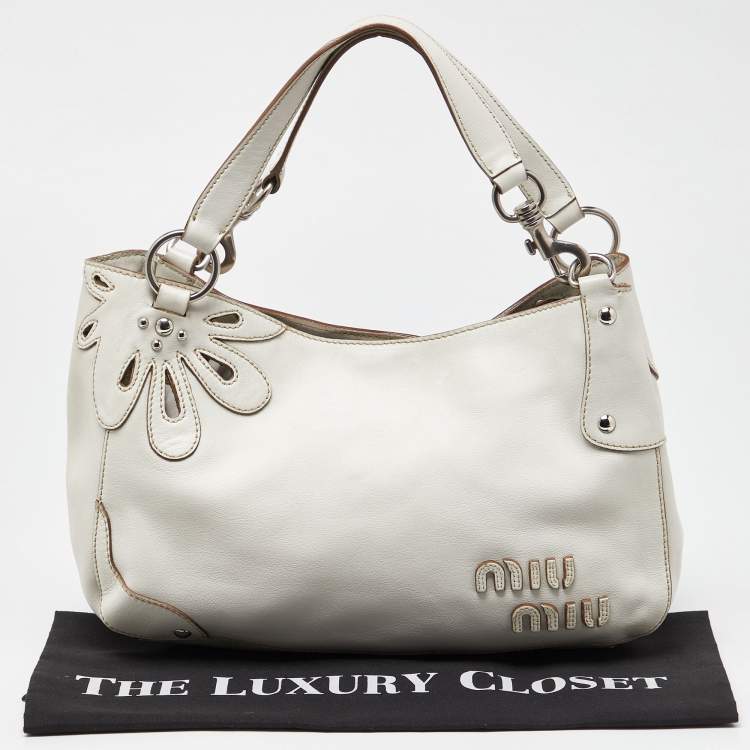 Pre Owned Miu Miu White Leather Floral Cut Hobo