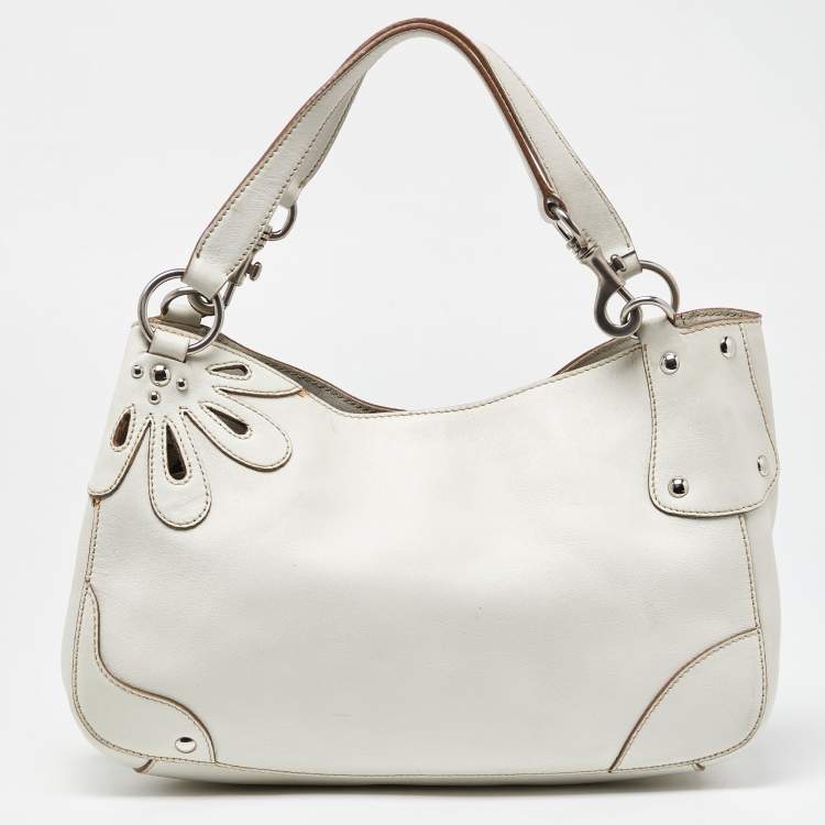 Pre Owned Miu Miu White Leather Floral Cut Hobo