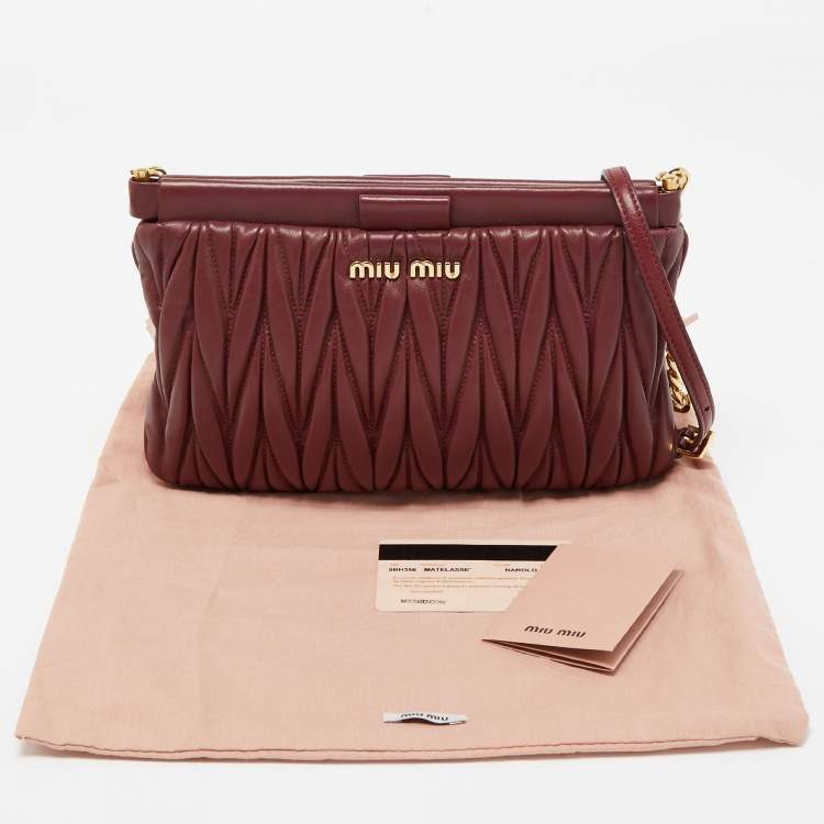 Pre Owned Miu Miu Burgundy Matelassé Leather Frame Chain Clutch
